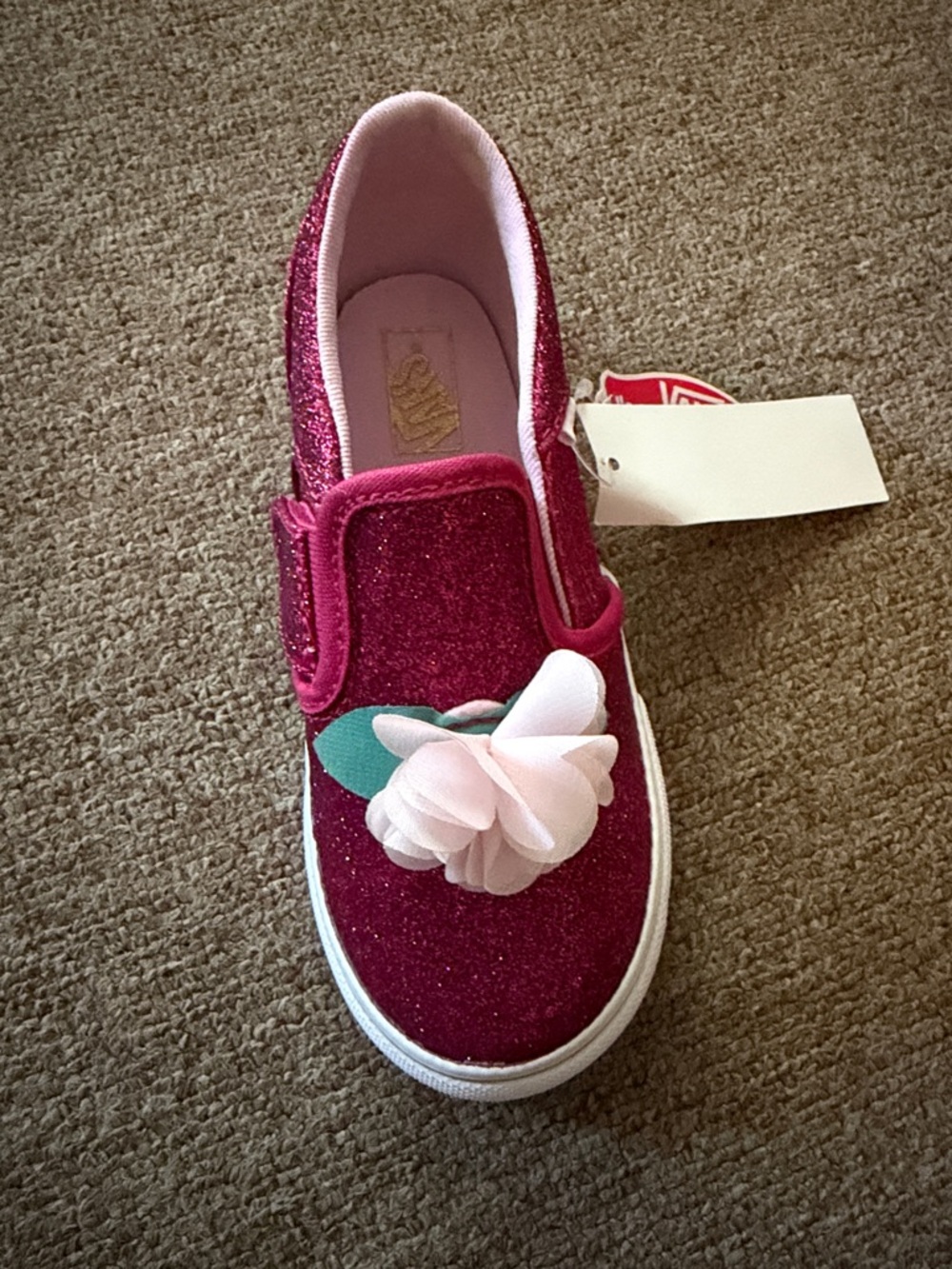 Girls Glitter Slip-On Sneaker with Pink Flower Accent - Magenta